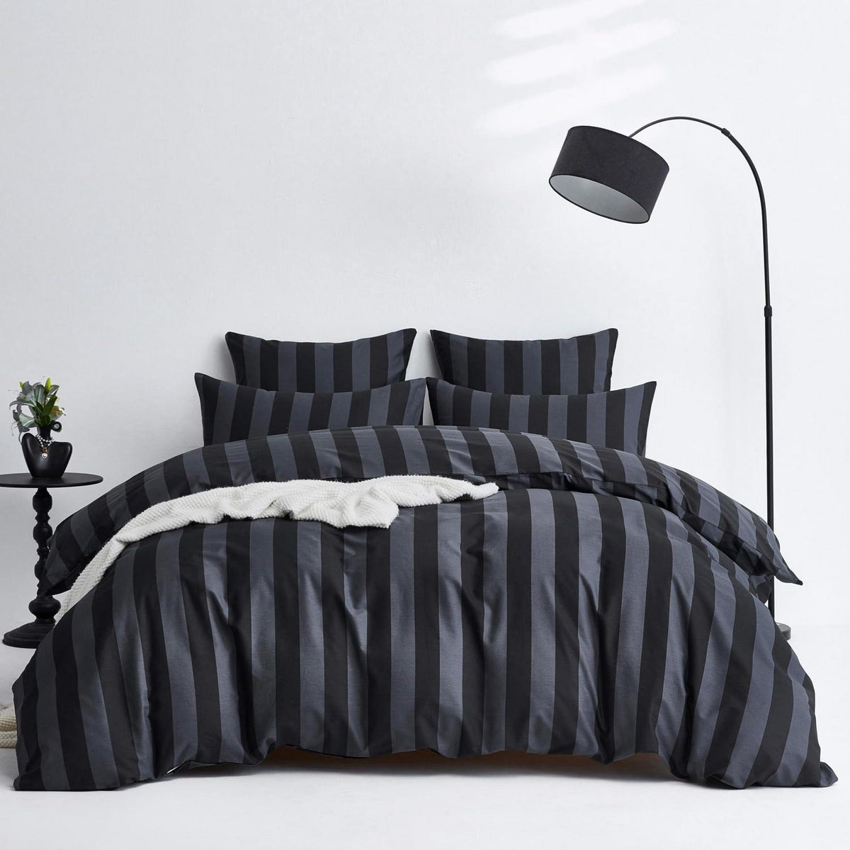 Baumwoll Bettwäsche Set 220x240 Dunkelgrau Gestreift 3-teilig