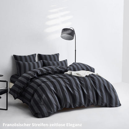 Baumwoll Bettwäsche Set 220x240 Dunkelgrau Gestreift 3-teilig
