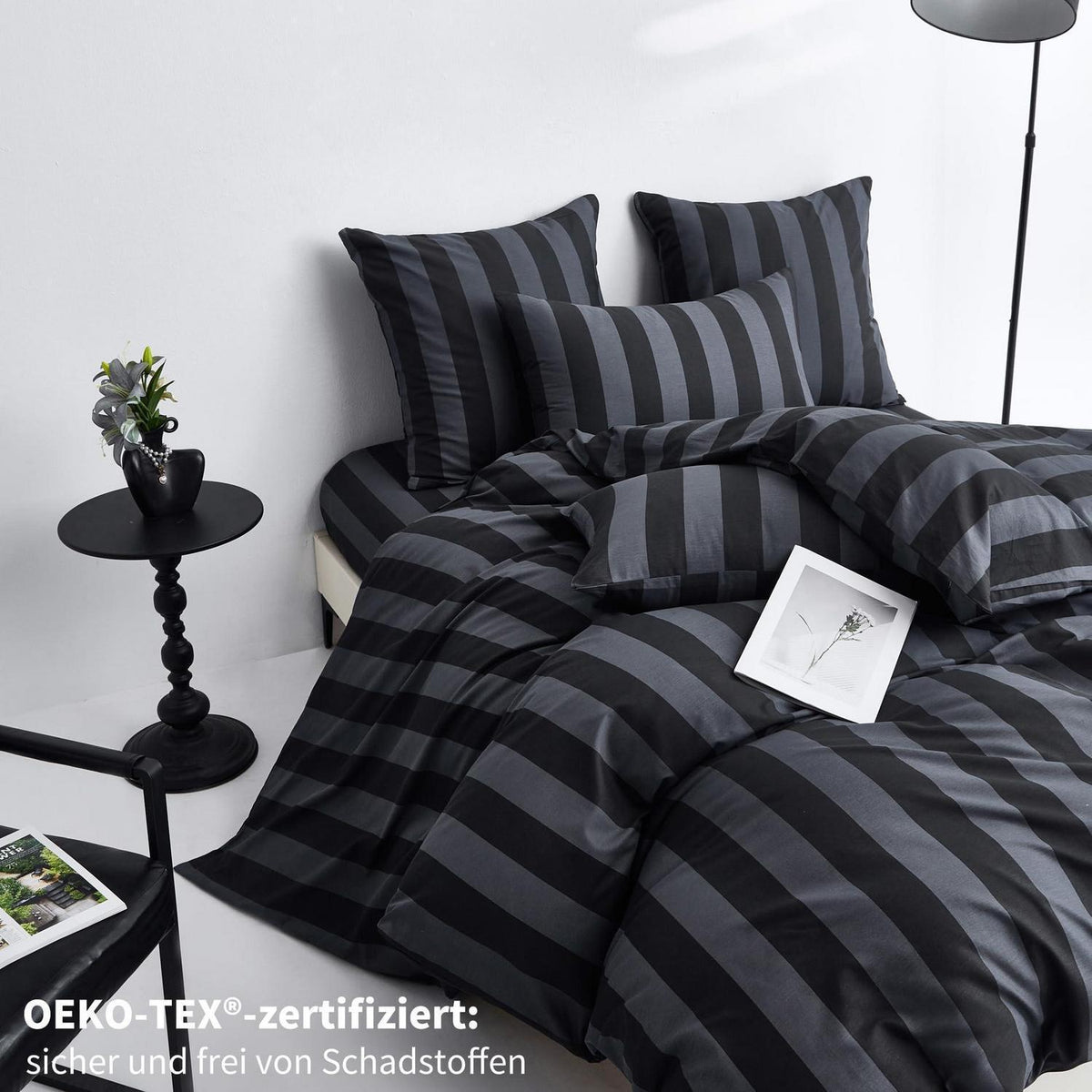 Baumwoll Bettwäsche Set 220x240 Dunkelgrau Gestreift 3-teilig