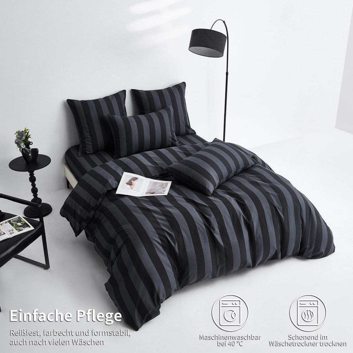 Baumwoll Bettwäsche Set 220x240 Dunkelgrau Gestreift 3-teilig
