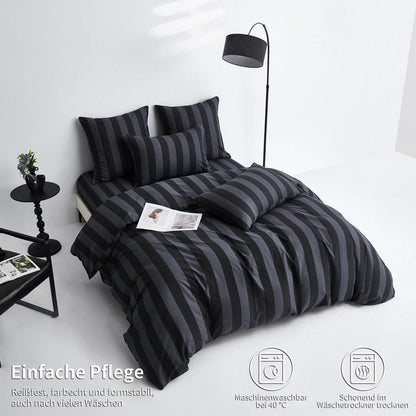 Baumwoll Bettwäsche Set 220x240 Dunkelgrau Gestreift 3-teilig