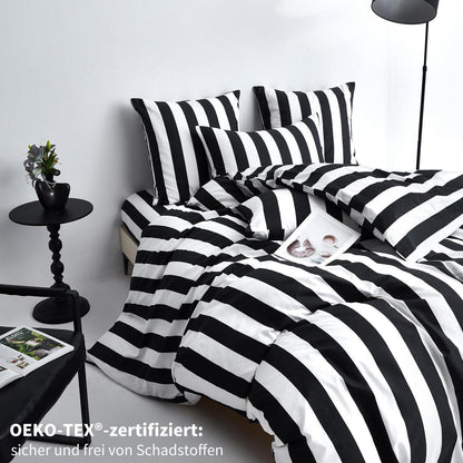 Bettwäsche Set 200x200 Baumwolle Schwarz Weiß Gestreift