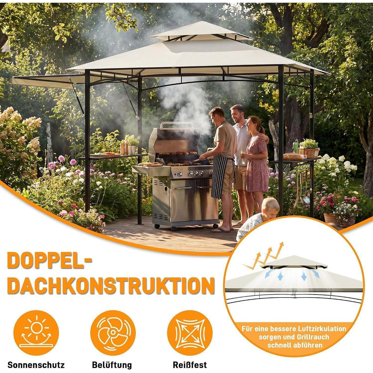 Grillpavillon mit Seitenmarkise & Doppeldach – Wetterfest & Komfortabel