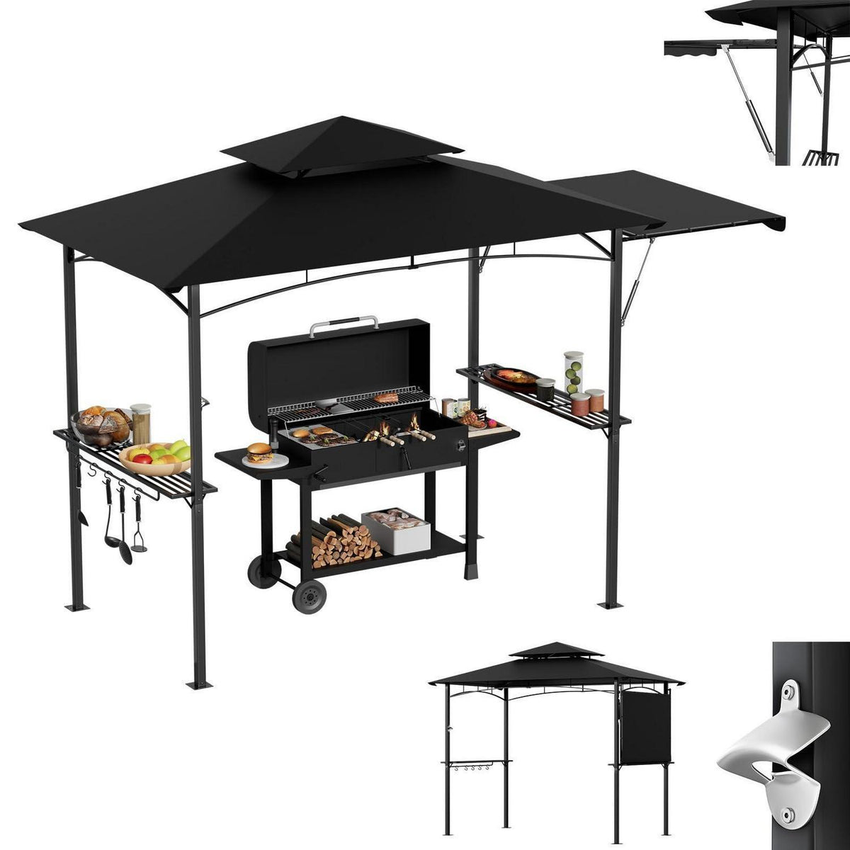 Grillpavillon mit Seitenmarkise & Doppeldach – BBQ Überdachung Schwarz