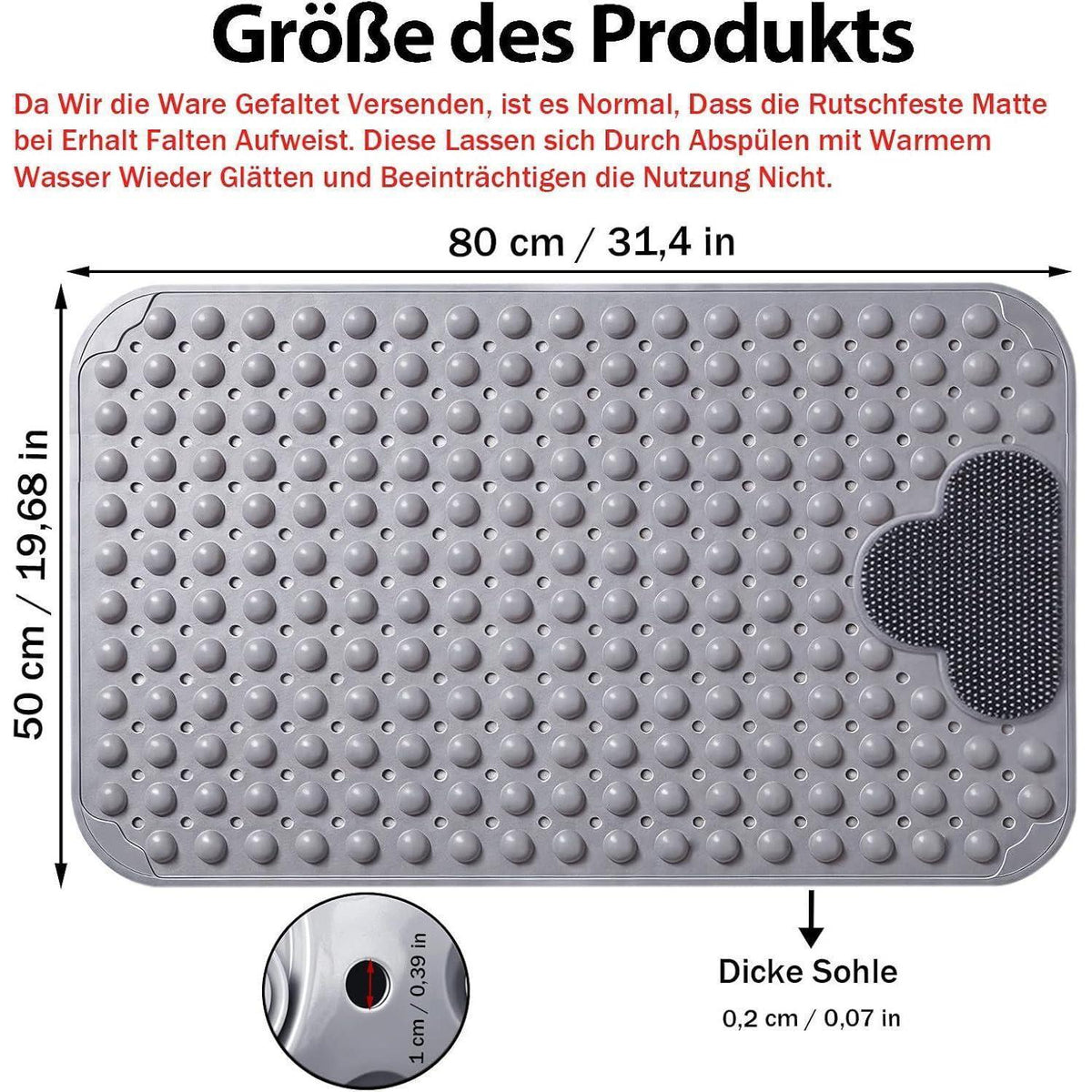 Rutschfeste Duschmatte Grau 50x80 cm mit Saugnäpfen