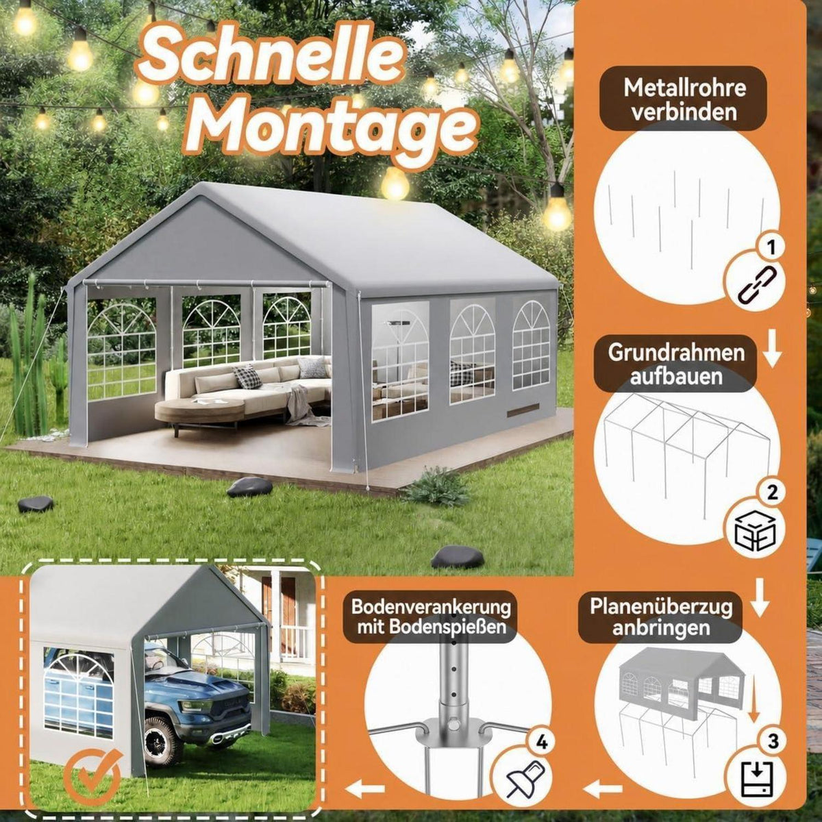 Partyzelt 4x6m Grau – Wasserdicht & UV-Schutz für Garten & Events