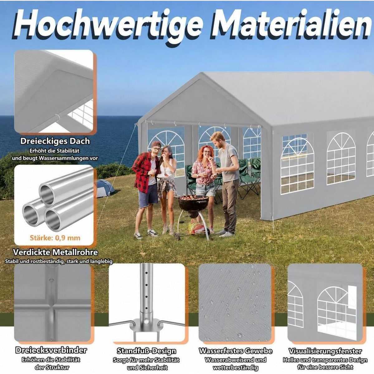 Partyzelt 4x8m Grau – Wasserdichtes Garten- & Festzelt mit Zubehör