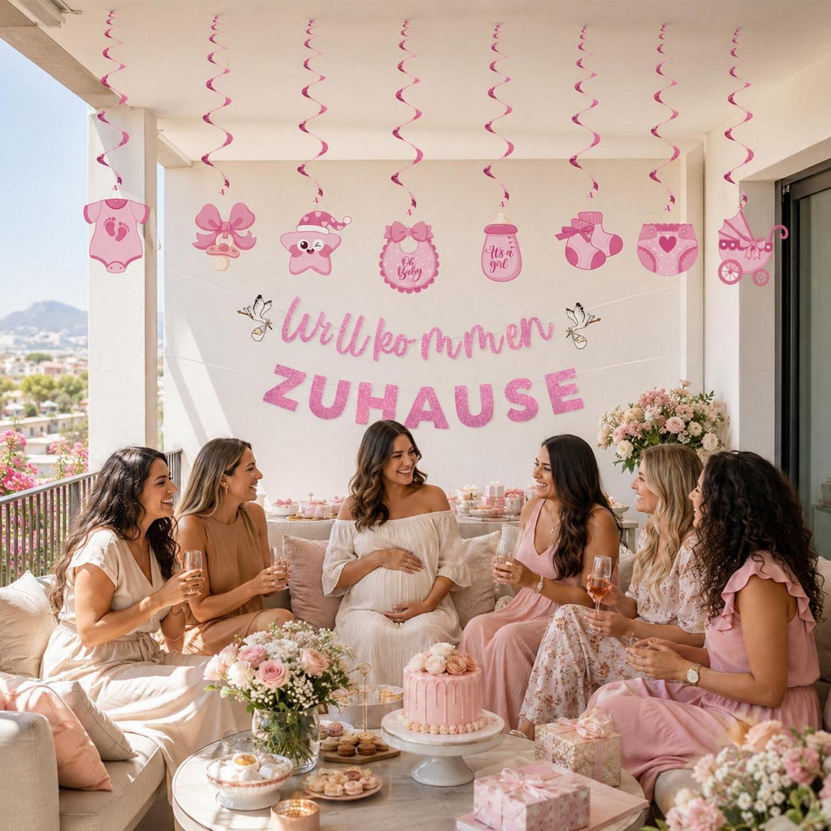 Willkommen Zuhause Baby Mädchen Deko Set Rosa Girlande & Spiralen