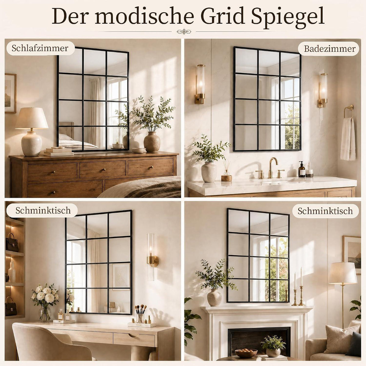 Wandspiegel Gitter Schwarz 100x75 cm – Dekorativer Kosmetikspiegel