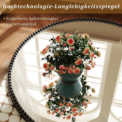 Runder Wandspiegel 60cm mit PU-Perlenrahmen Schwarz – Retro Deko