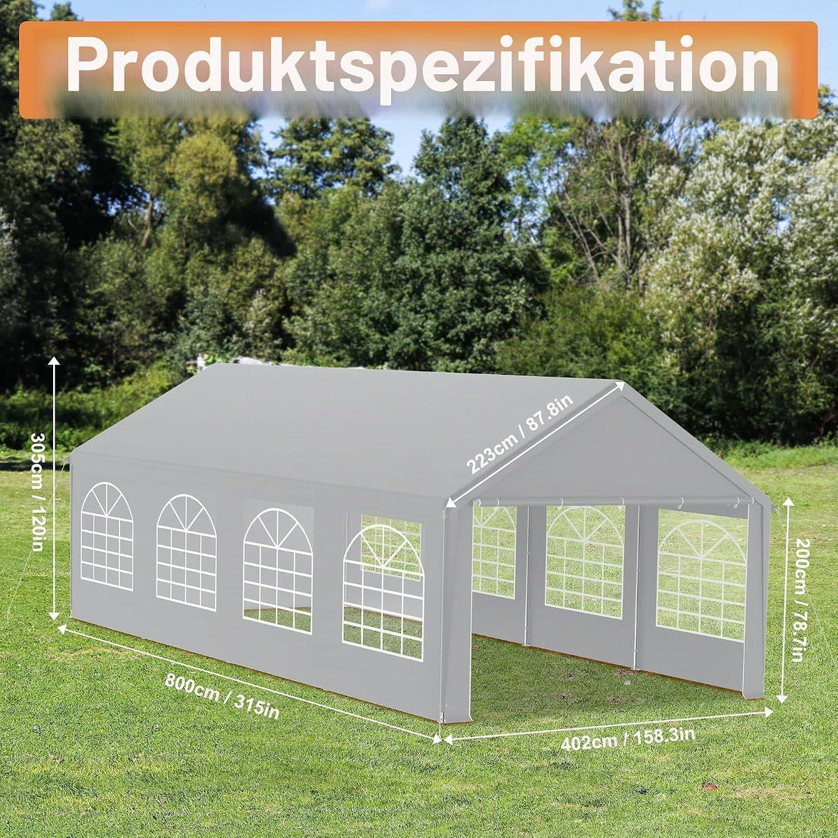 Partyzelt 4x8m Grau – Wasserdicht & Stabil für Garten & Events