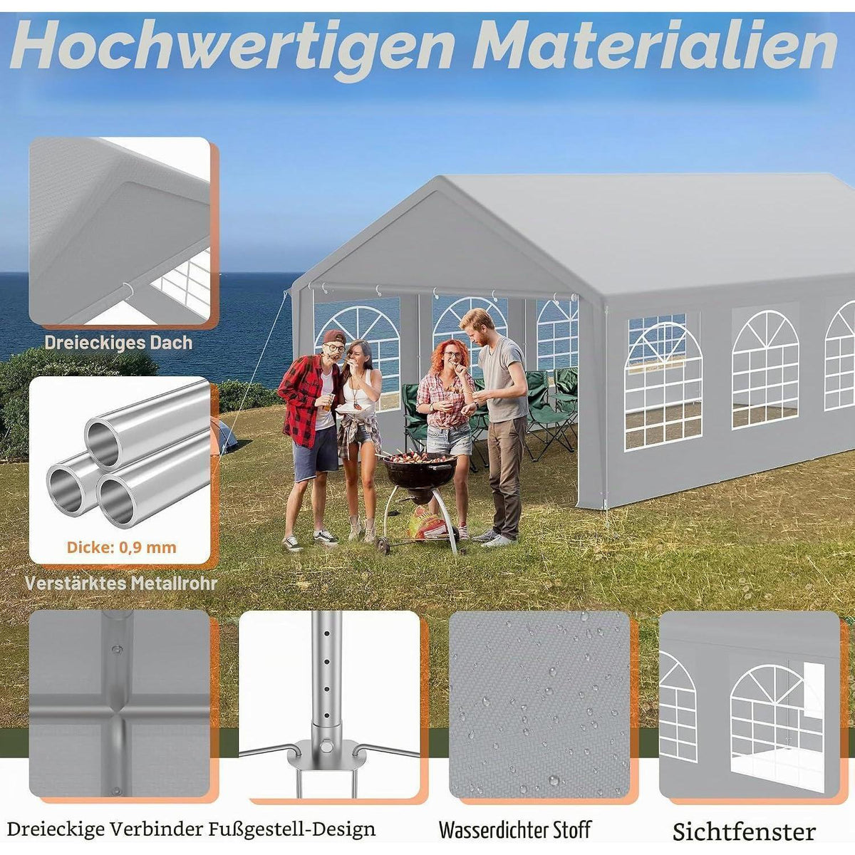 Partyzelt 4x8m Grau – Wasserdicht & Stabil für Garten & Events