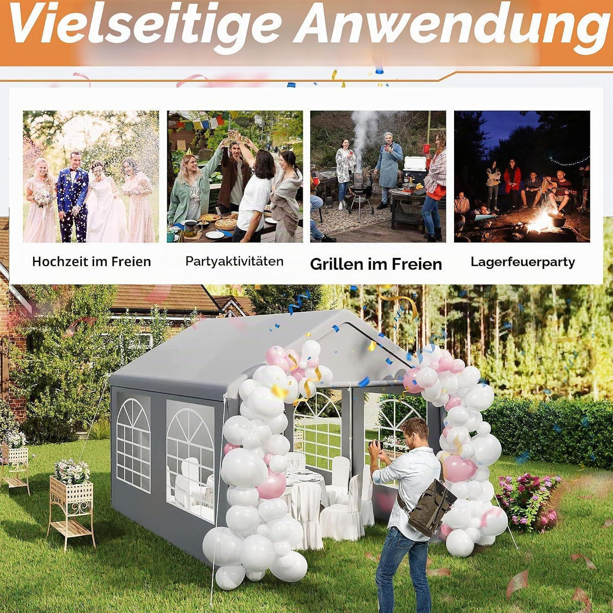 Partyzelt 4x8m Grau – Wasserdicht & Stabil für Garten & Events