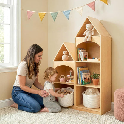 Kinder Bücherregal Holz 4 Etagen – Hausform für Spielzimmer
