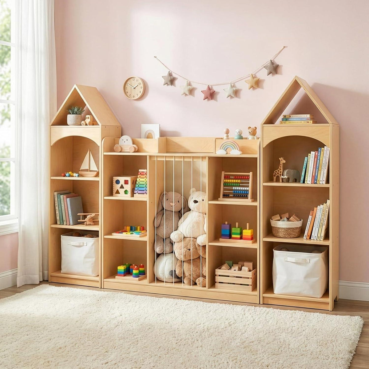 Kinder Bücherregal Holz 4 Etagen – Hausform für Spielzimmer