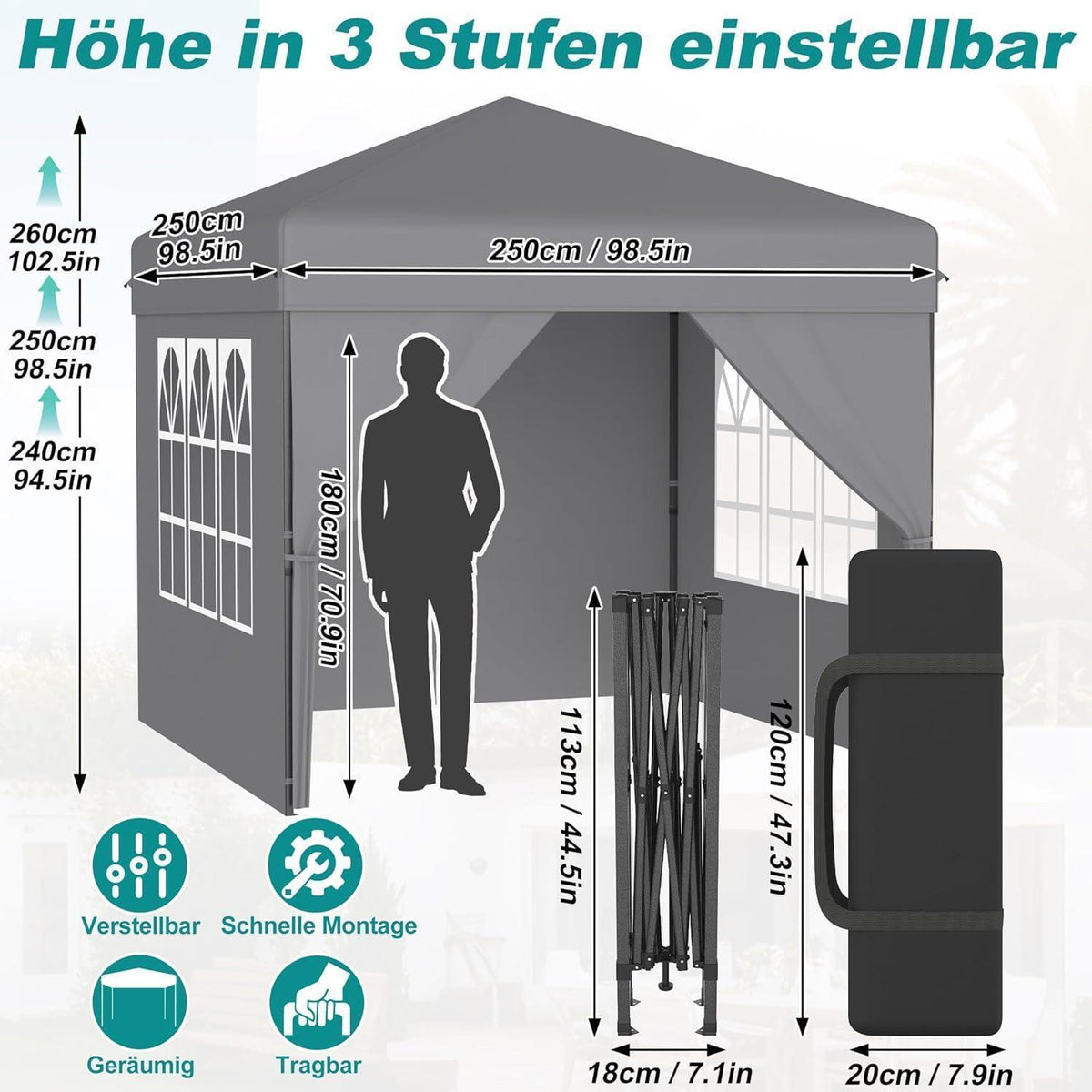 Pop-Up Pavillon 2,5x2,5m mit Seitenwänden – Garten Party Zelt