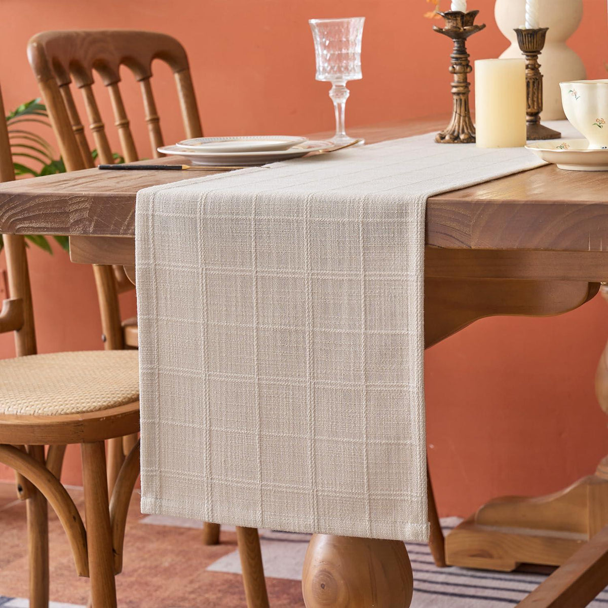 Tischläufer Beige Kariert Baumwolle Leinen Jacquard 30x80 cm