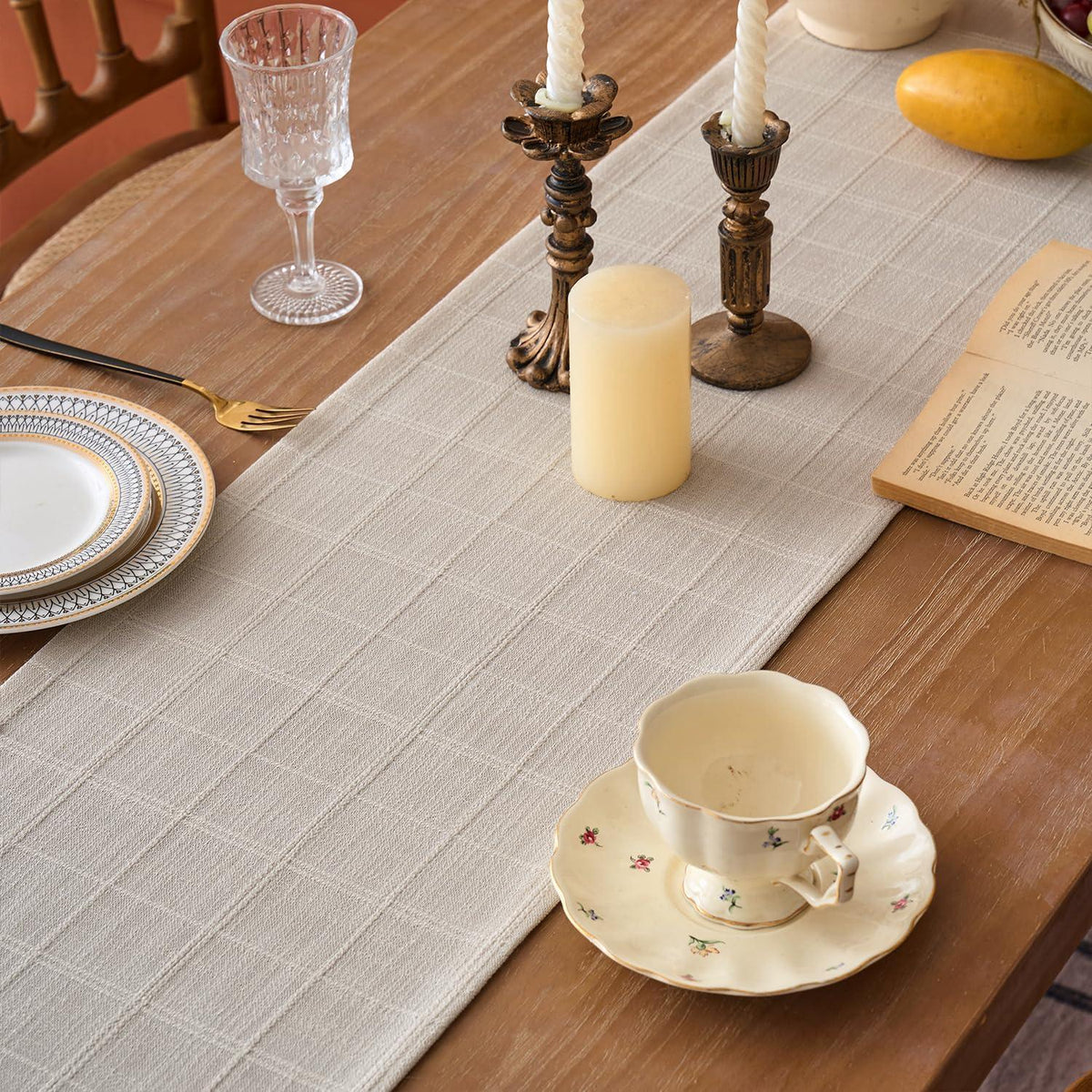 Tischläufer Beige Kariert Baumwolle Leinen Jacquard 30x80 cm