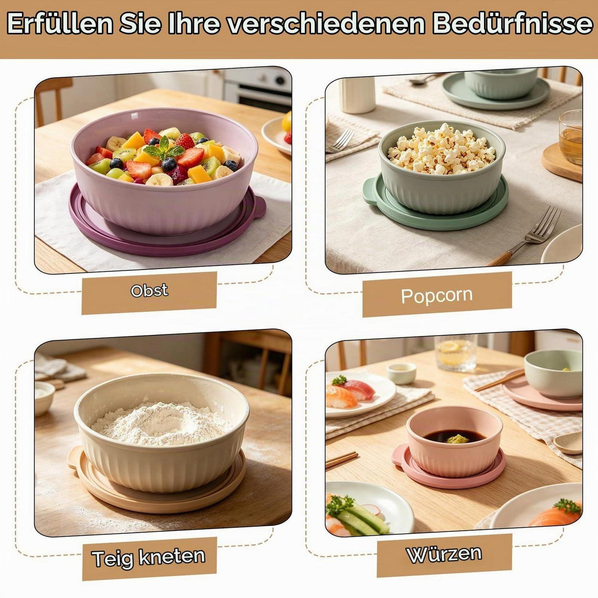 Salatschüssel Set mit Deckel, 4er BPA-frei, stapelbar