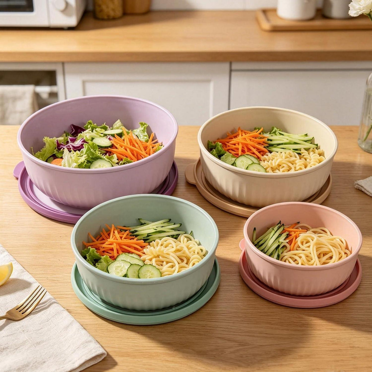 Salatschüssel Set mit Deckel, 4er BPA-frei, stapelbar