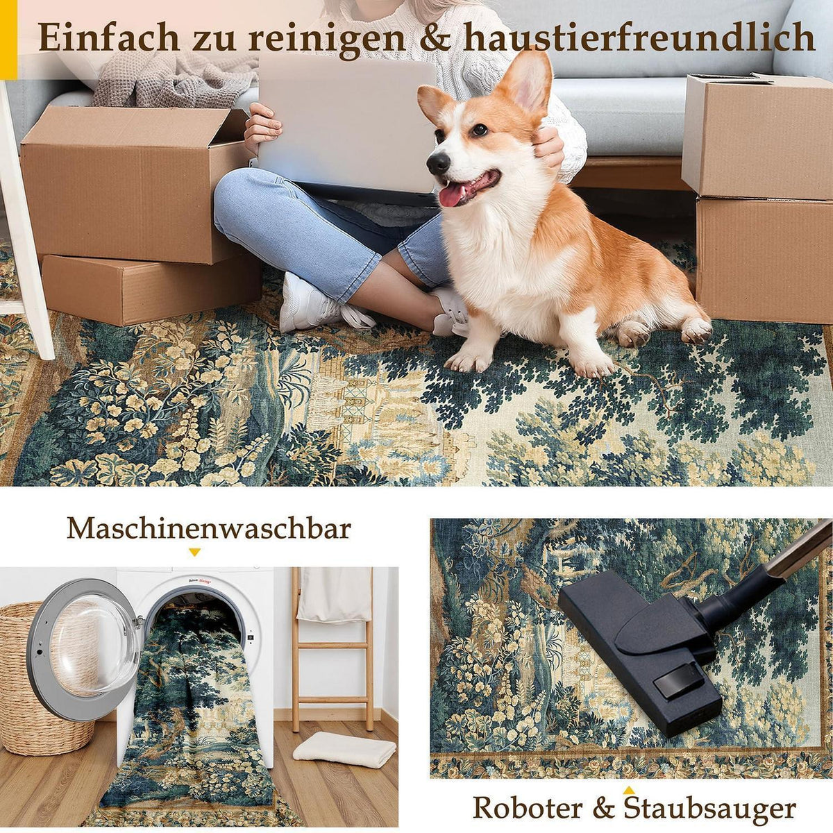 Vintage Teppich 160x230cm – Bunt & Waschbar für Wohnzimmer