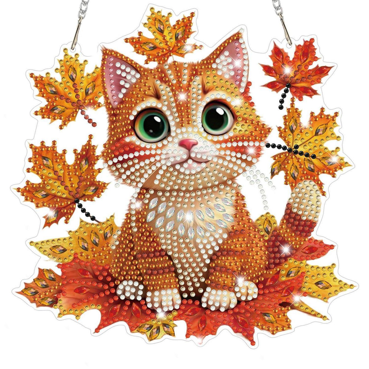 Diamantmalerei Anhänger Katze Ahornblatt – DIY Fensterbild für Herbst