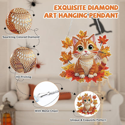Diamantmalerei Anhänger Katze Ahornblatt – DIY Fensterbild für Herbst