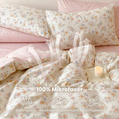 Blumen Bettwäsche-Set Rosa Creme 155x220cm | Mikrofaser