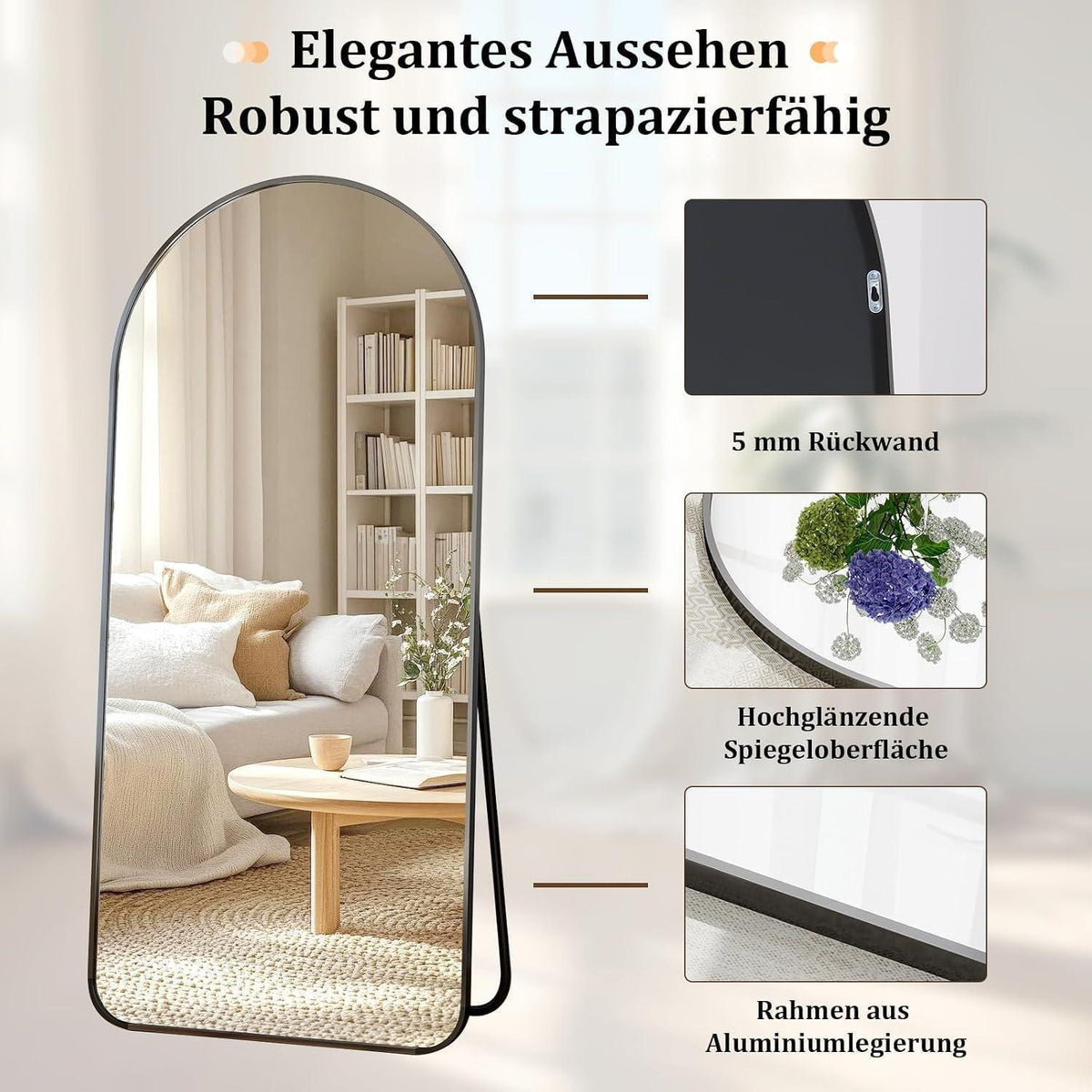 Großer Ganzkörperspiegel mit Runden Ecken – Stehend, Hängend, Lehnend