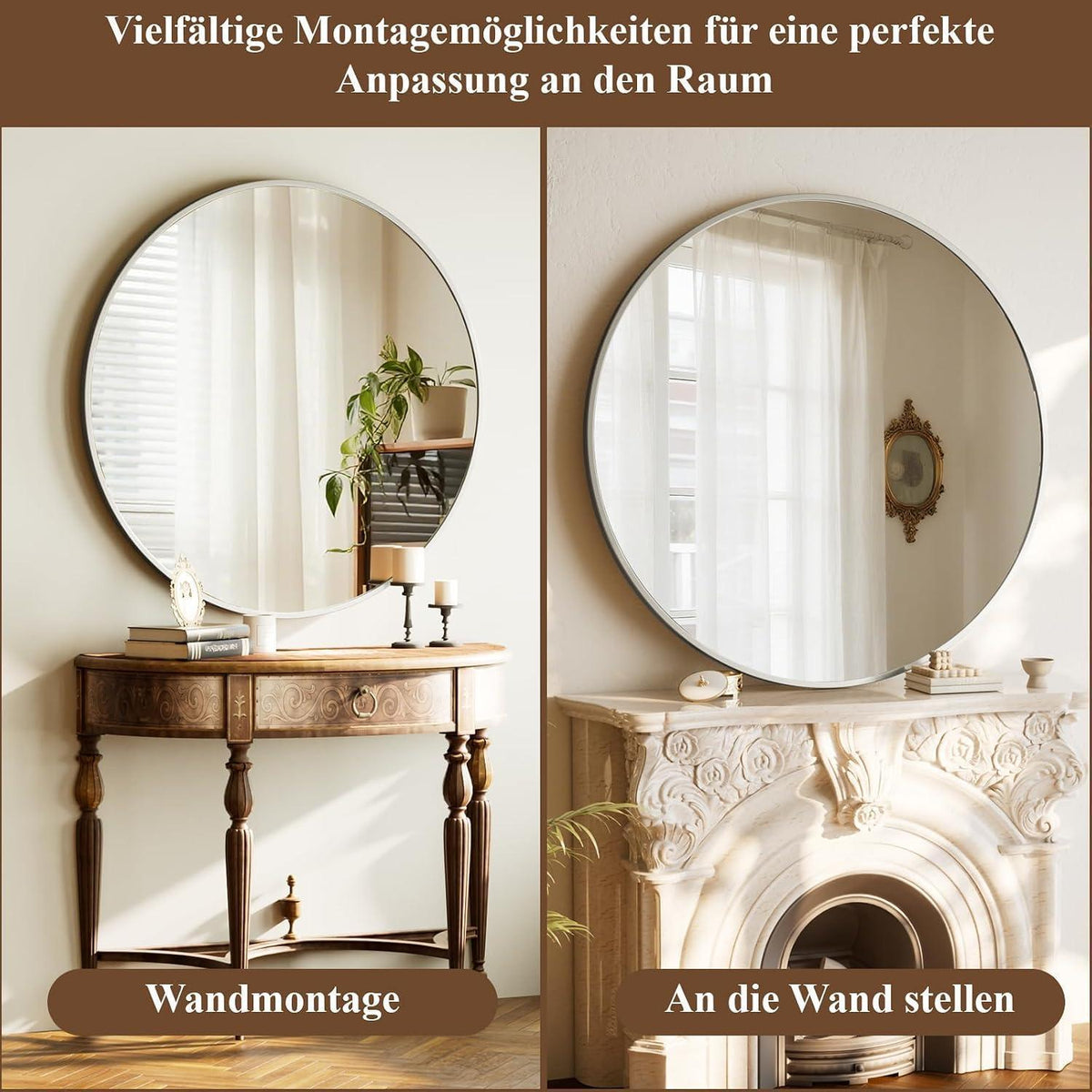 Runder Wandspiegel 90cm mit Silber Aluminiumrahmen