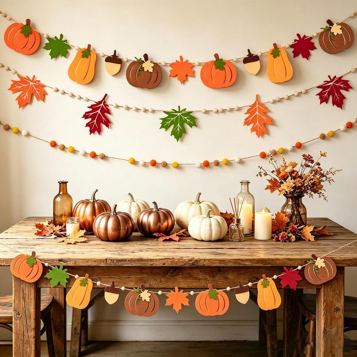 Herbstgirlande 3er Set – Filz & Holzdeko für Party & Thanksgiving