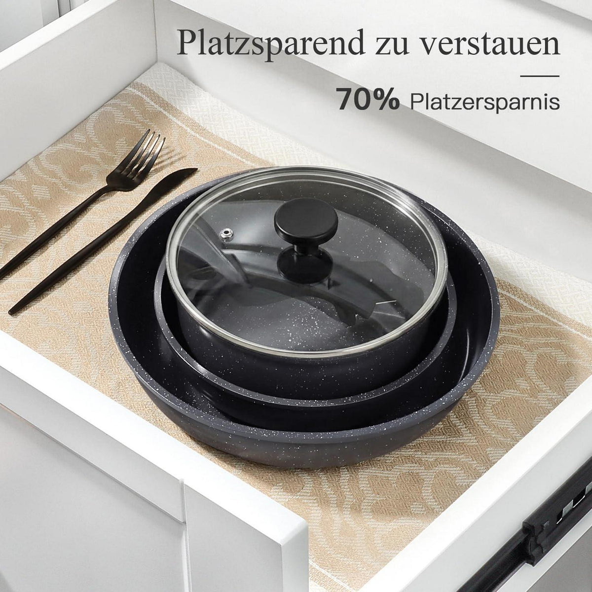 16-teiliges Pfannenset Antihaft, Abnehmbare Griffe & Platzsparend