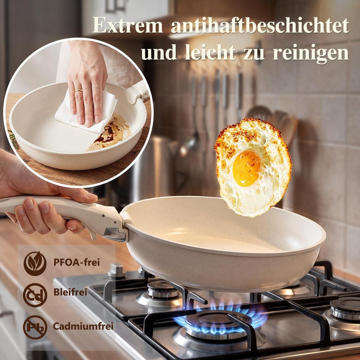 19-teiliges Pfannenset Antihaft, Abnehmbare Griffe Weiß
