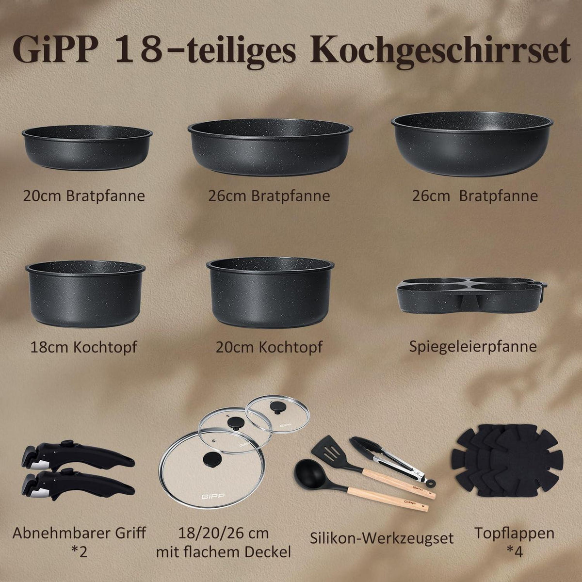 18-teiliges Pfannenset Antihaft, abnehmbare Griffe & platzsparend