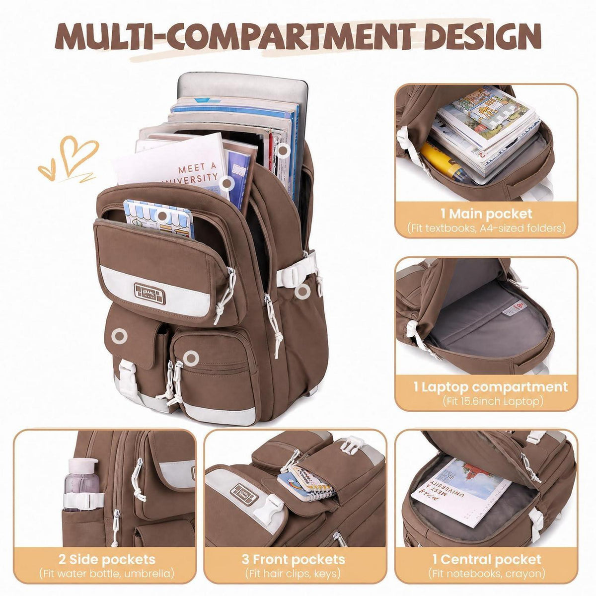 Schulrucksack mit Rollen für Mädchen – Braun, 27L