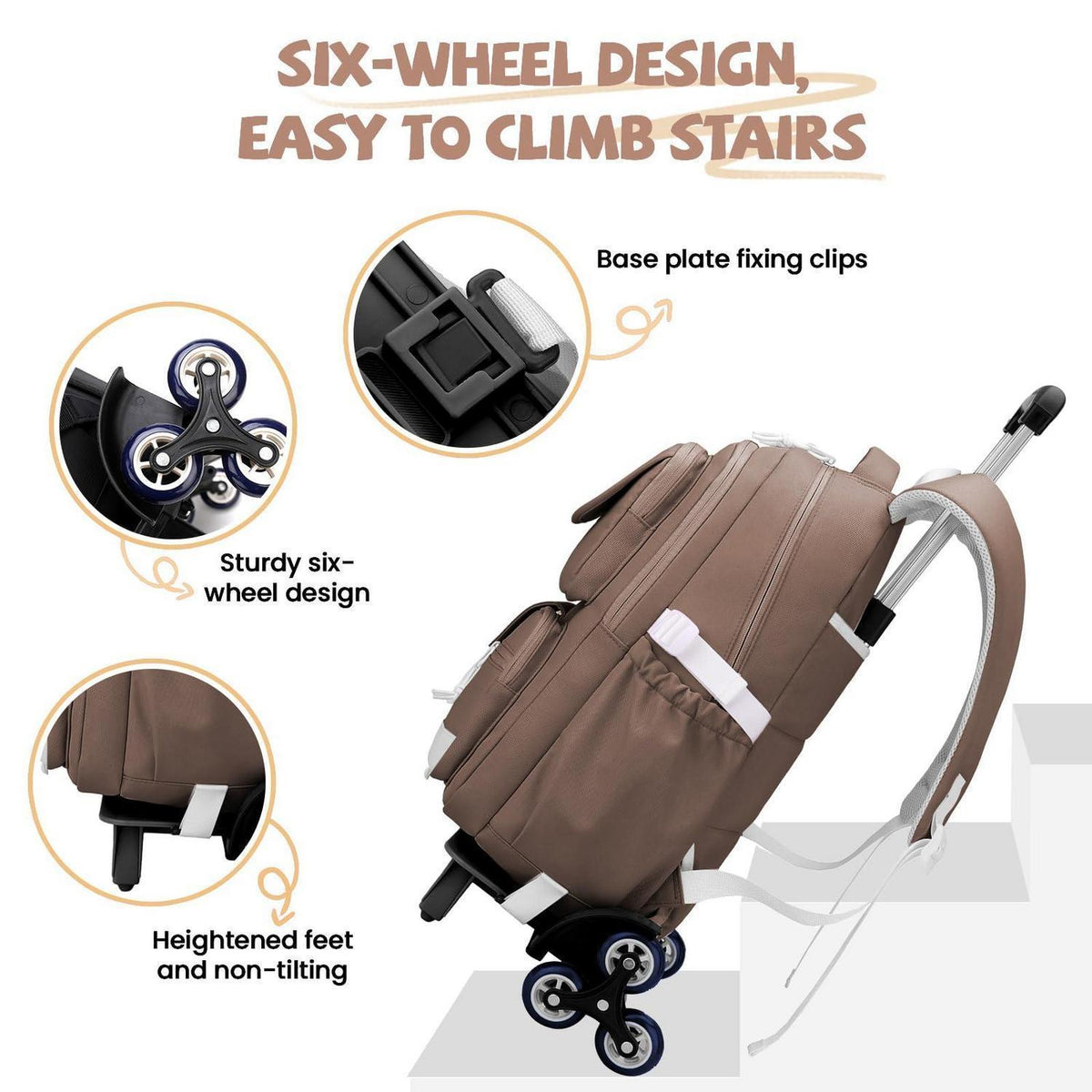 Schulrucksack mit Rollen für Mädchen – Braun, 27L