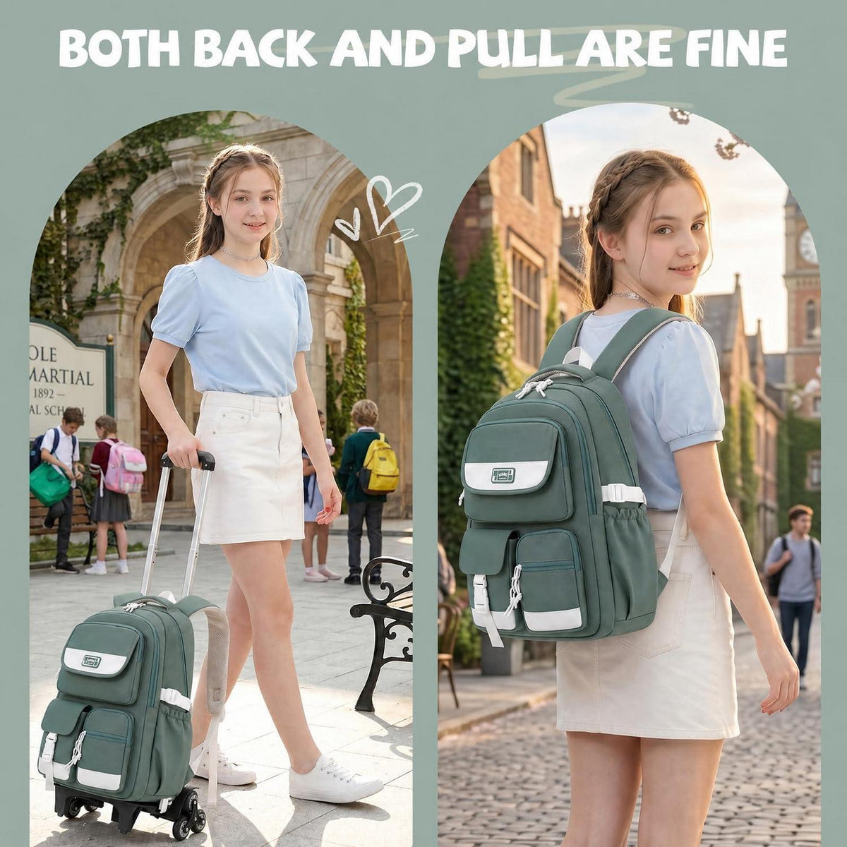 Schulrucksack mit Rollen für Mädchen – Grün, 27L