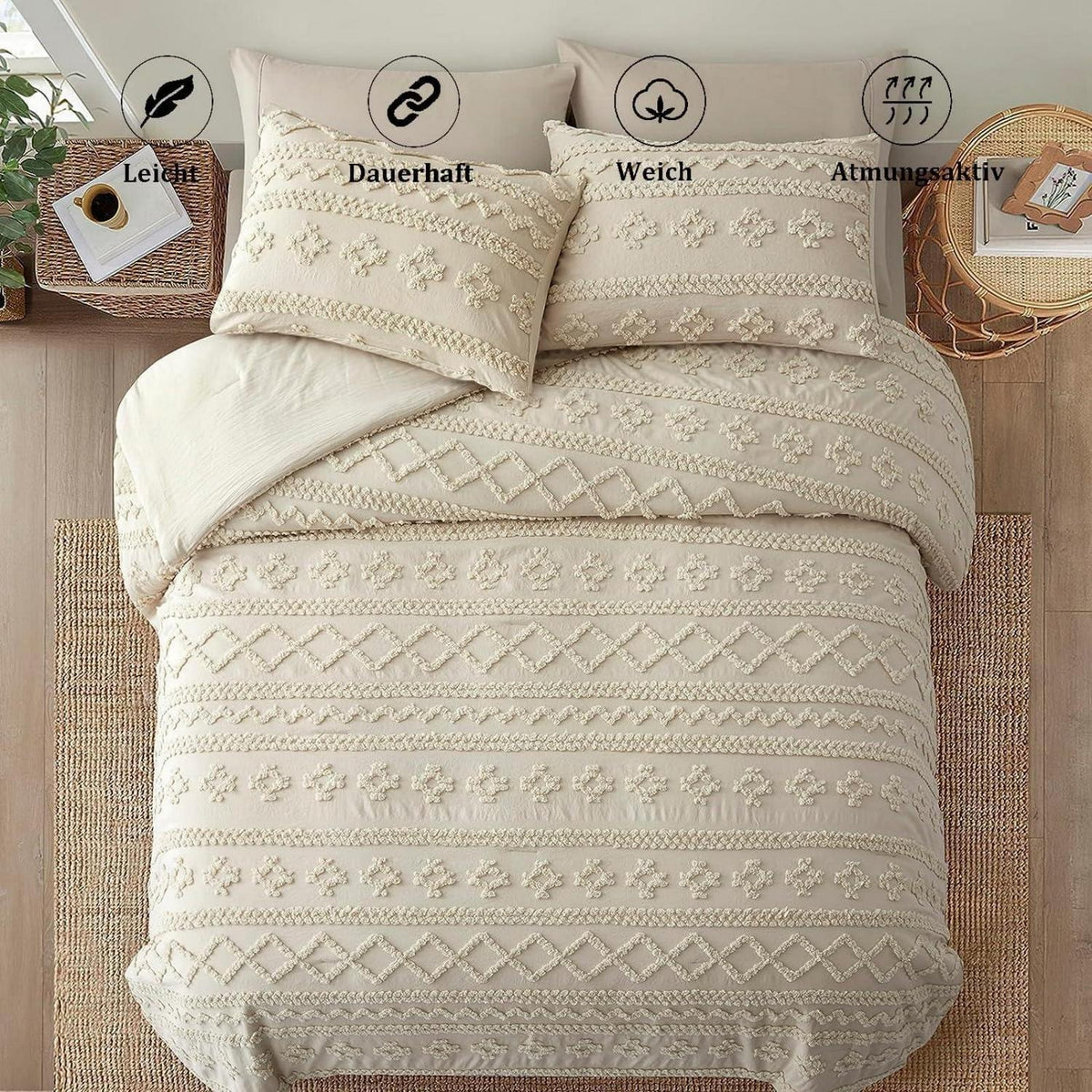 Bettwäsche-Set Boho Beige 200x220cm Getuftet mit Reißverschluss