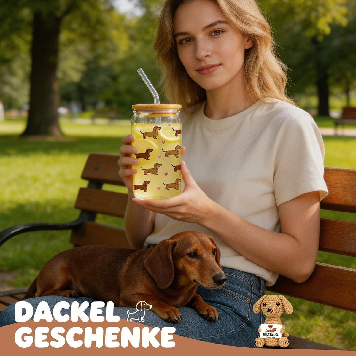Dackel Geschenkset: Glas mit Deckel & Gehäkelter Glücksbringer