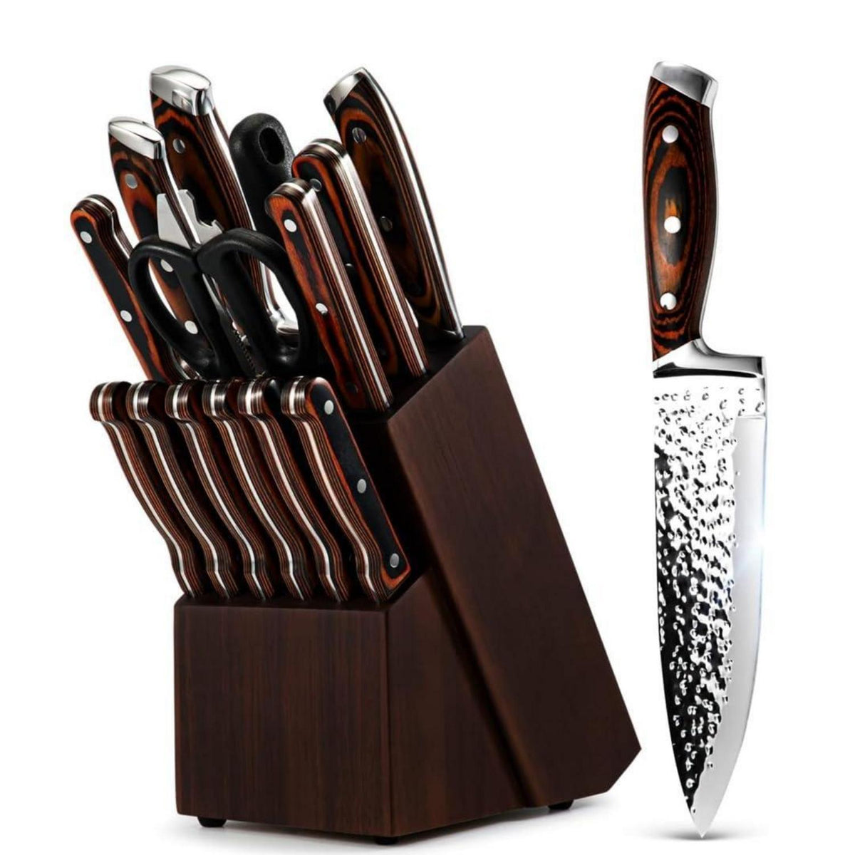 15-teiliges Küchenmesser-Set mit Block, Edelstahl & Holzgriff