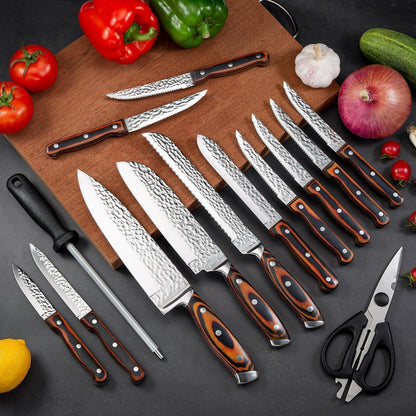 15-teiliges Küchenmesser-Set mit Block, Edelstahl & Holzgriff