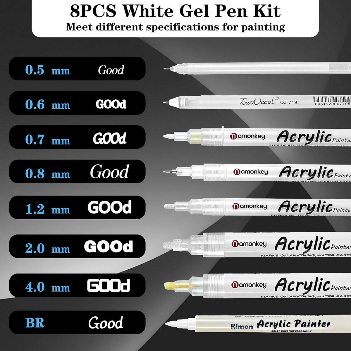 Weiße Acrylmarker Set | 8er Pack | Pinsel & Fineliner