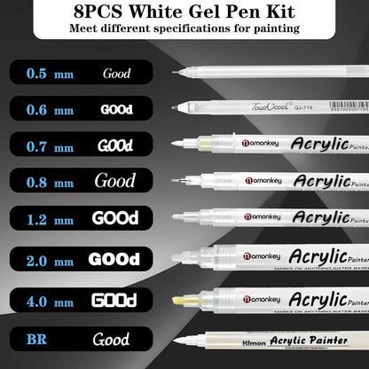Weiße Acrylmarker Set | 8er Pack | Pinsel & Fineliner