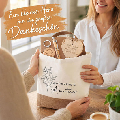 Abschiedsgeschenk Kollegin Set – 5-teilig mit Jute Tasche & Herz Notizbuch