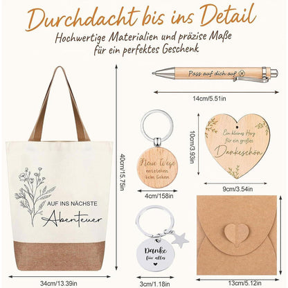 Abschiedsgeschenk Kollegin Set – 5-teilig mit Jute Tasche & Herz Notizbuch