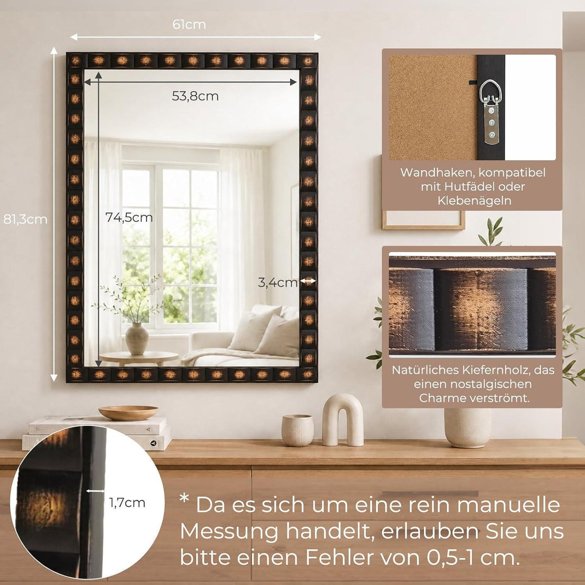 Rustikaler Wandspiegel Holzrahmen 61x81cm Rechteckig