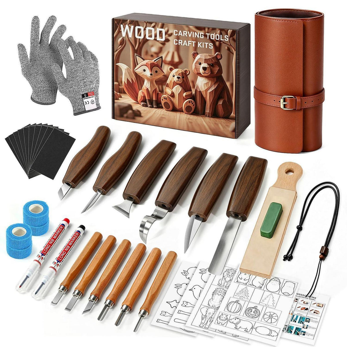 Holzschnitzset Deluxe 40-teilig mit Ledertasche für Anfänger