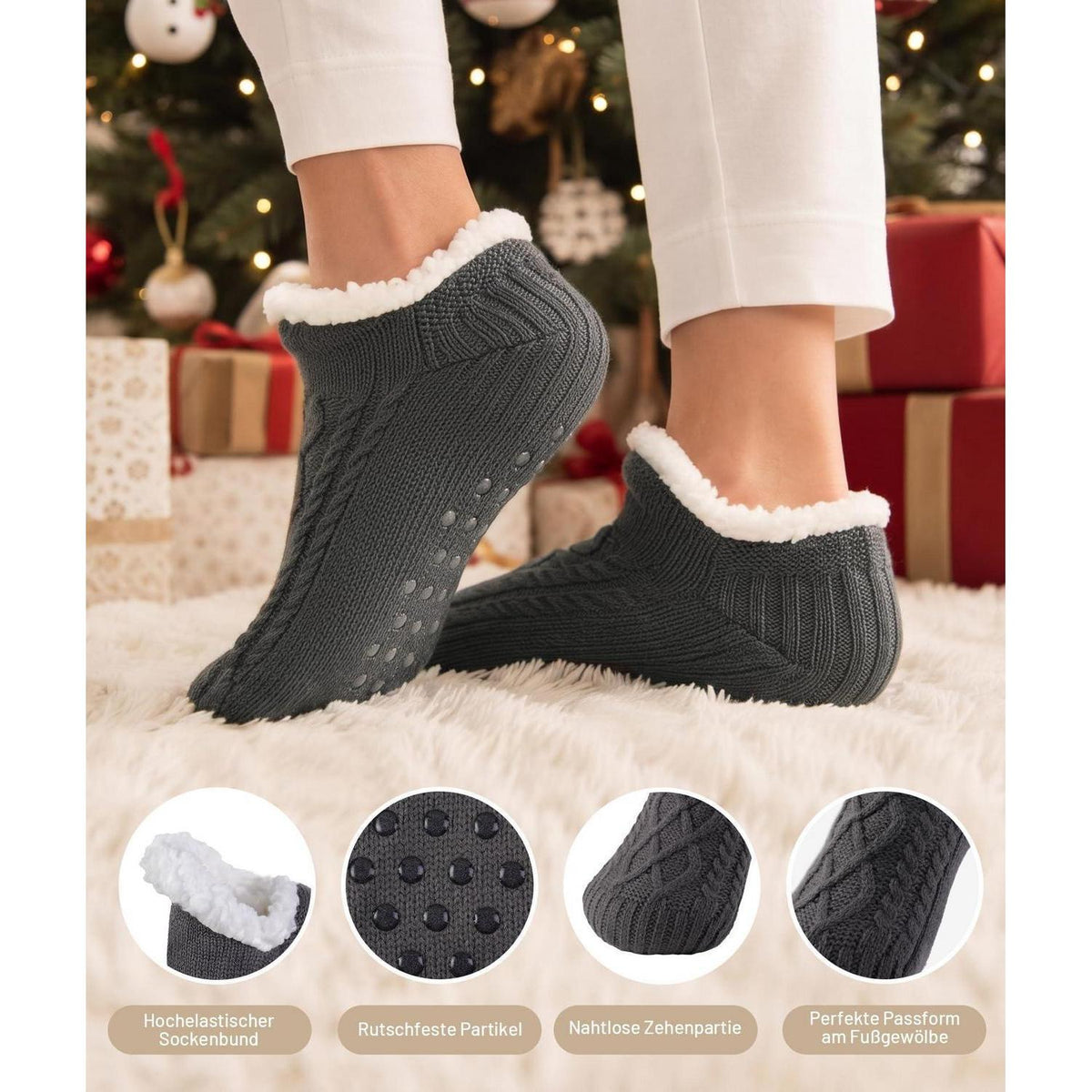 Kuschelsocken mit Stoppern für Damen und Herren, Größe 43-46, Grau