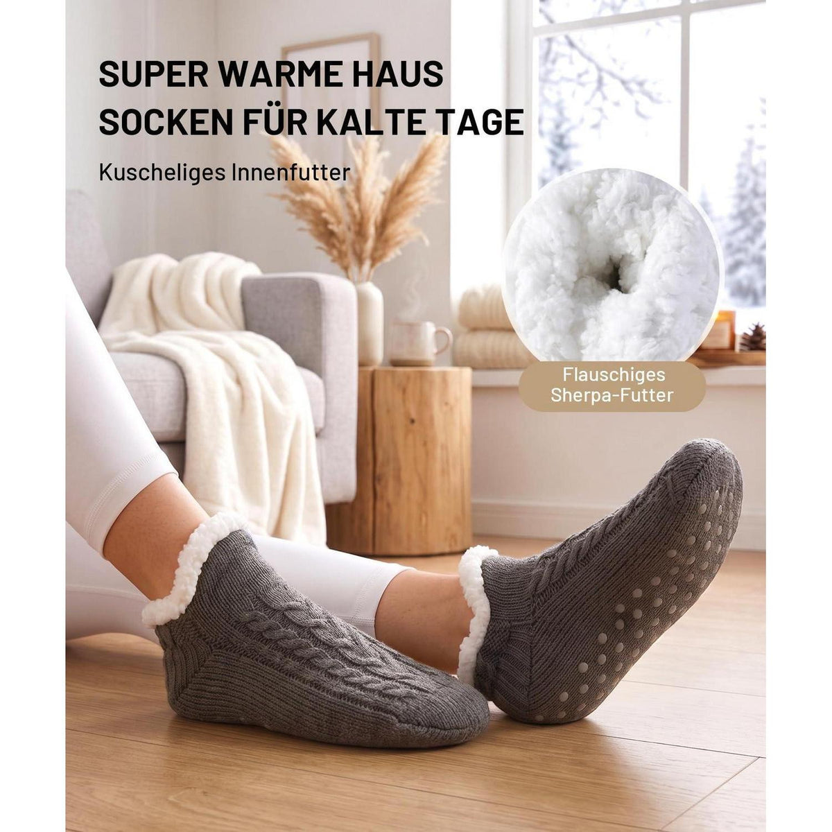 Kuschelsocken mit Stoppern für Damen und Herren, Größe 43-46, Grau
