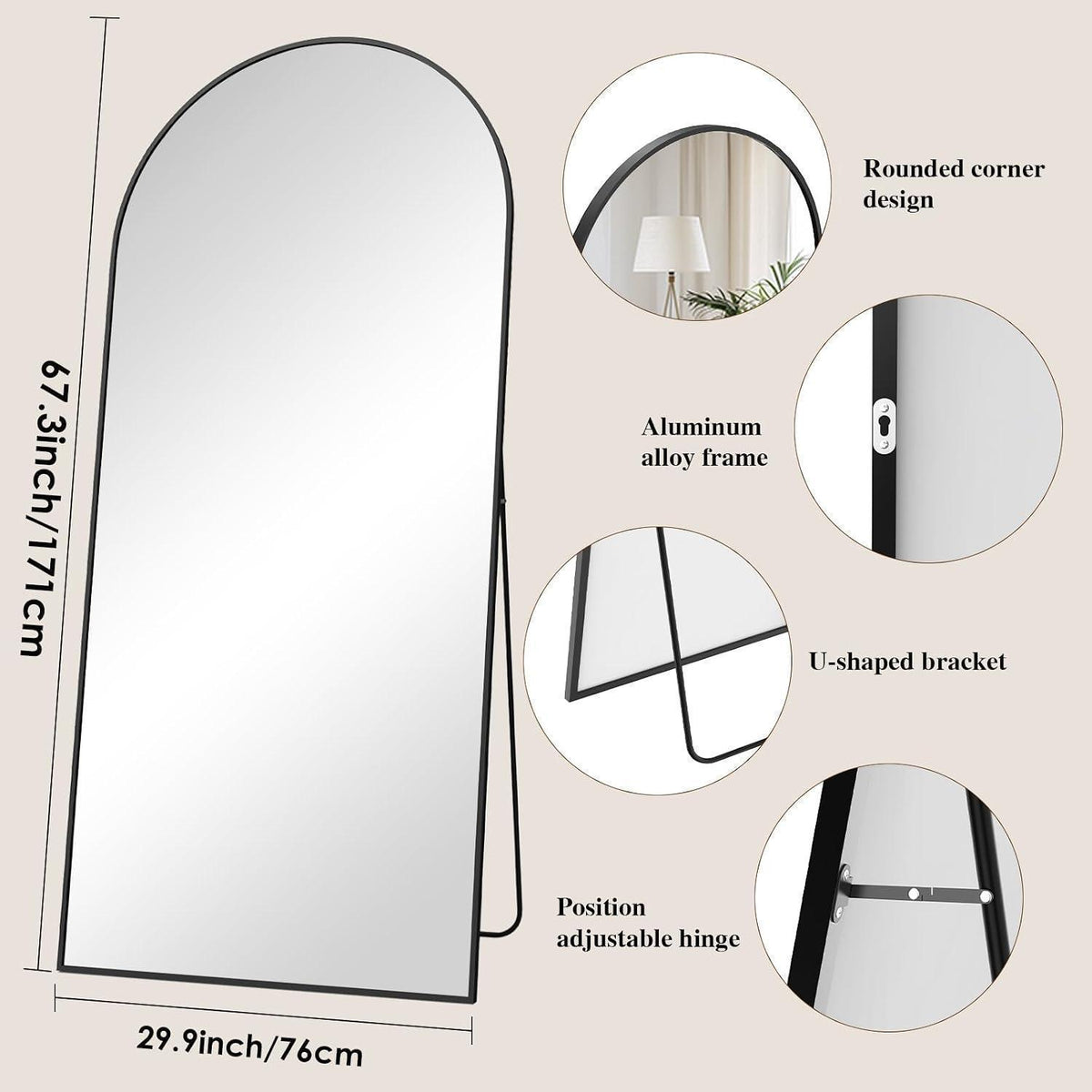 Ganzkörperspiegel 171x76cm Standspiegel Schwarz mit Aluminiumrahmen